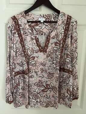 J. Jill Pink Floral V-Neck Flowy Tunic with Brown Trim Size L